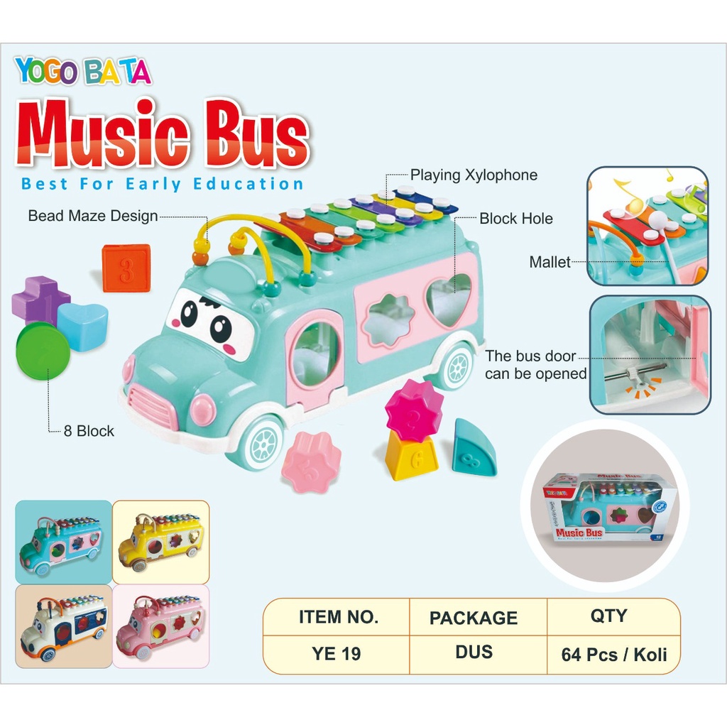 BUS XYLOPHONE 3in1 MAINAN XYLOPHONE MUSIC BUS/MAINAN GAMELAN BETUK BUS/MAINAN EDUKASI SHAPE SORTING