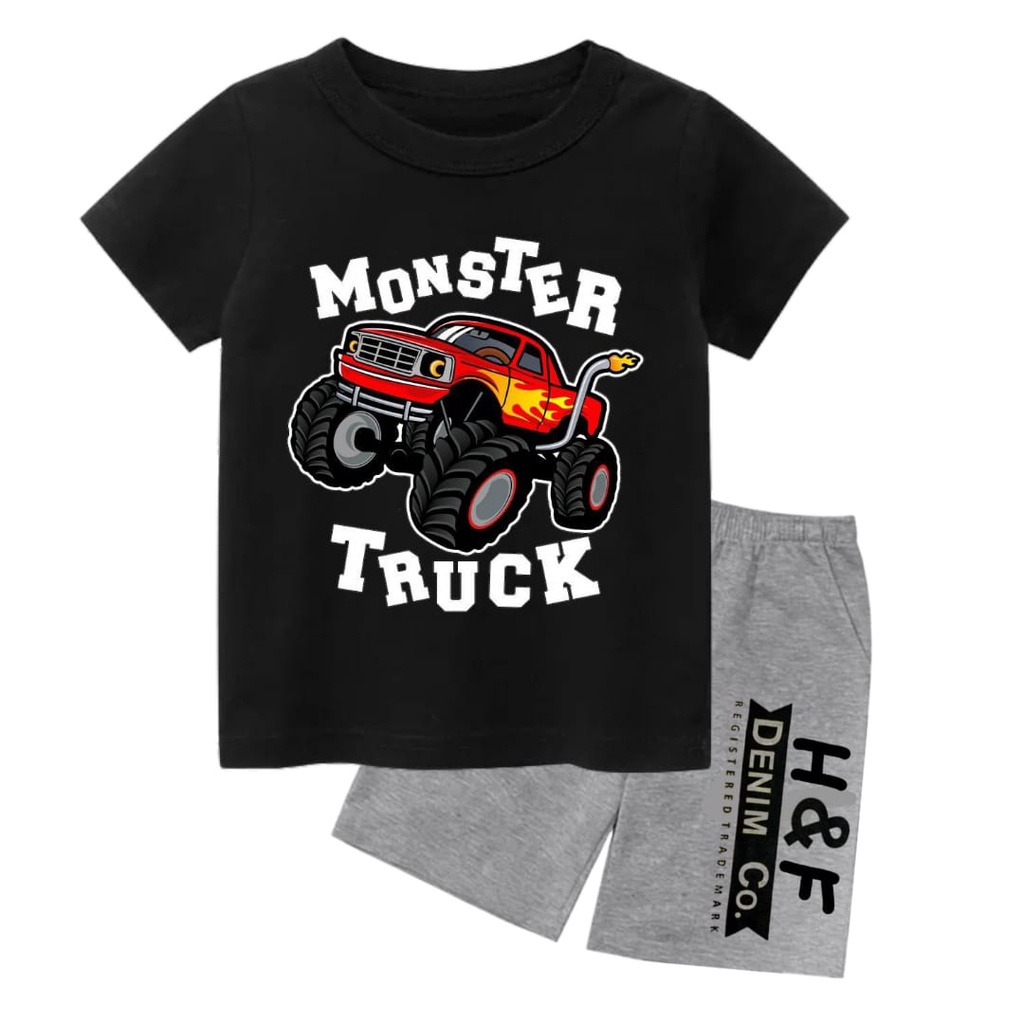 Rdkidzid Setelan Lengan Pendek Anak Laki Laki Set Baju Kaos Pdk Anak Cowok Motif Monster Truck DTF