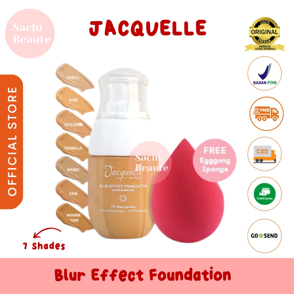 Jacquelle Blur Effect Foundation with Beauty Sponge - Skincare in Foundation dengan Niacinamide, Allantoine &amp; Caffeine (Satin Coverage, Lightweight, Silky and Smooth!)
