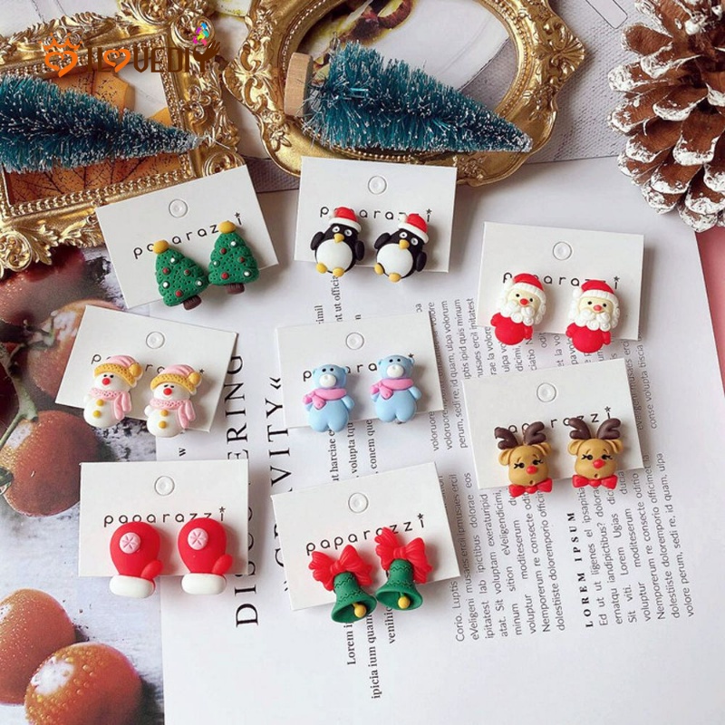 Anting Stud Desain Kartun Snowman Santa Claus Rusa Pohon Natal Bahan Resin Gaya Vintage Untuk Wanita