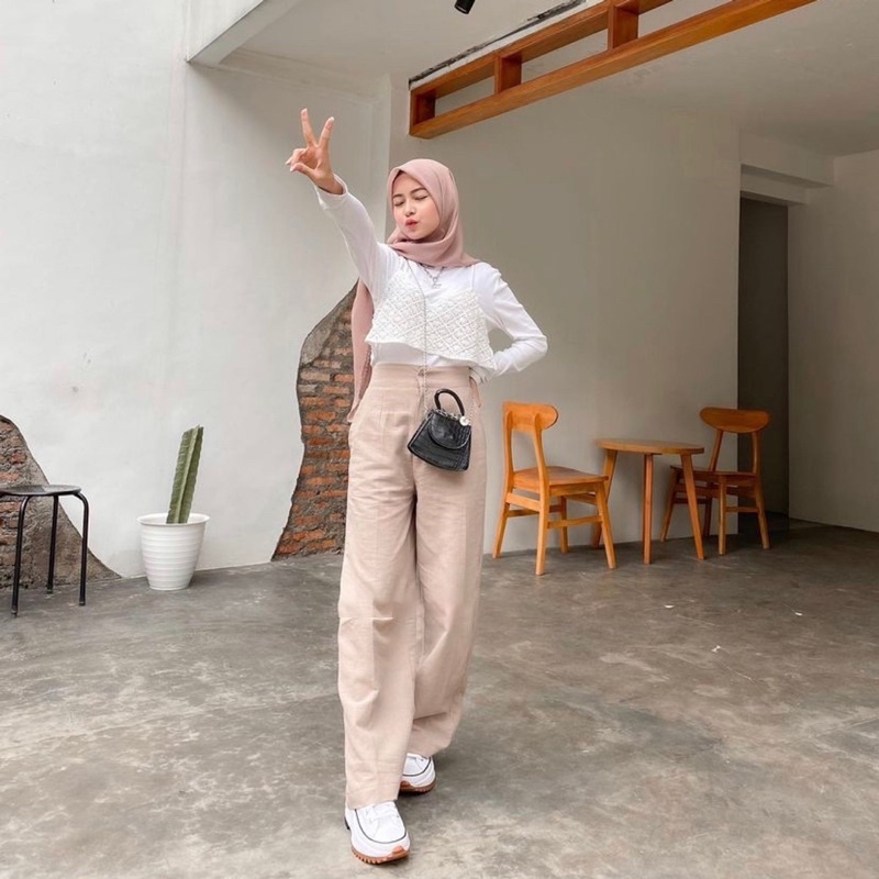 Loose Pants Highwaist Celana Kulot Polos Bahan Premium Crinkle Airflow