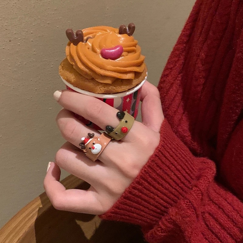 Cincin Desain Kartun Santa Claus Elk Bell Warna-Warni Gaya Vintage Untuk Unisex