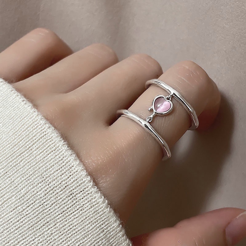 Cincin Model Terbuka Dua Lapis Bentuk Hati Warna Silver Untuk Wanita