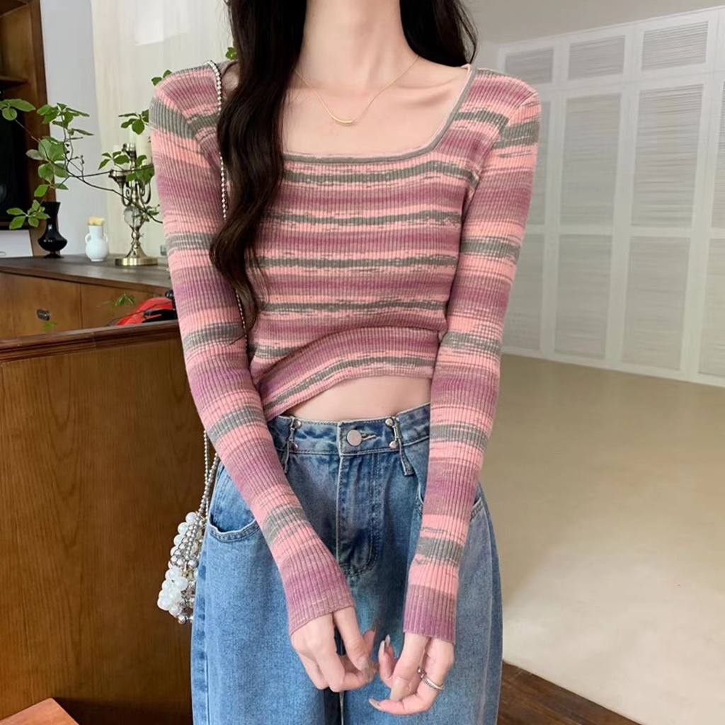 Atasan Rajut Stripe Wanita Crewneck Lengan Panjang Sweater