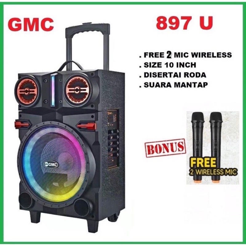 SPEAKER PORTABLE BLUETOOTH GMC 897U 897 U 10inch 10in 10 inch BONUS 2 MIC WIRELESS AMPLIMEETING SPEA