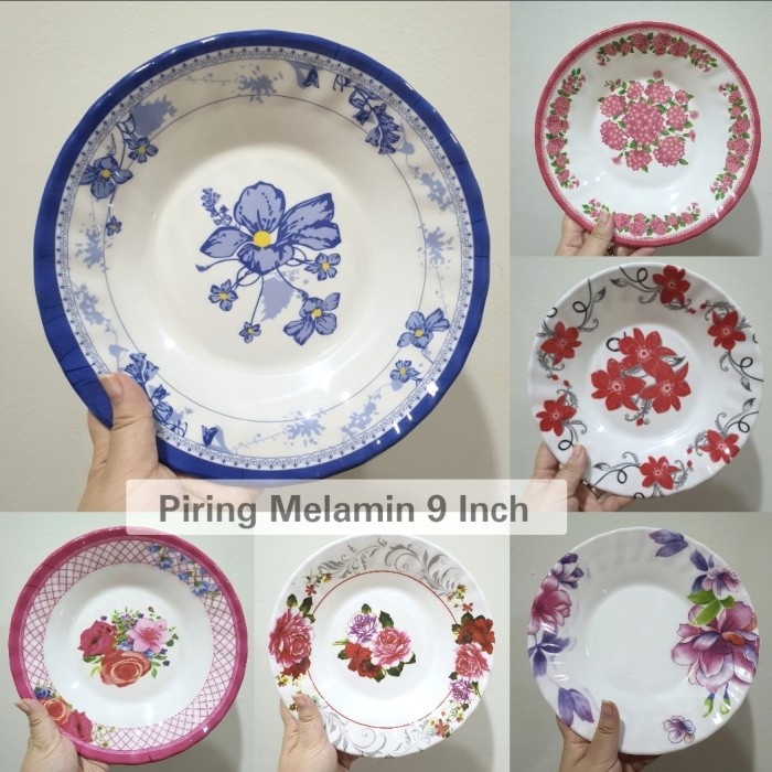 DS-9 Piring Melamin 9 Inch Motif Bunga/Makan Cekung Dinner Plate Murah