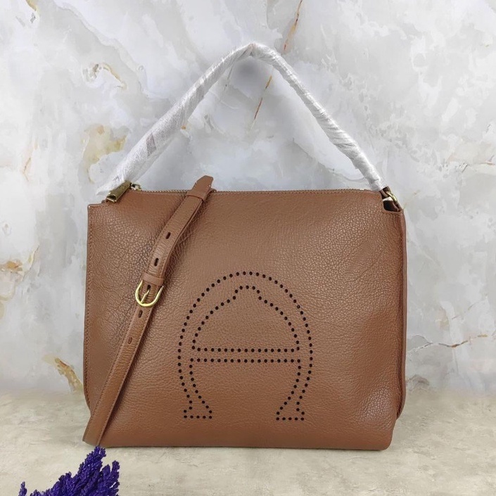 Tas Wanita Branded Etienne Aigner Stella Leather Signature Logo Hobo Bag Brown 100% Original