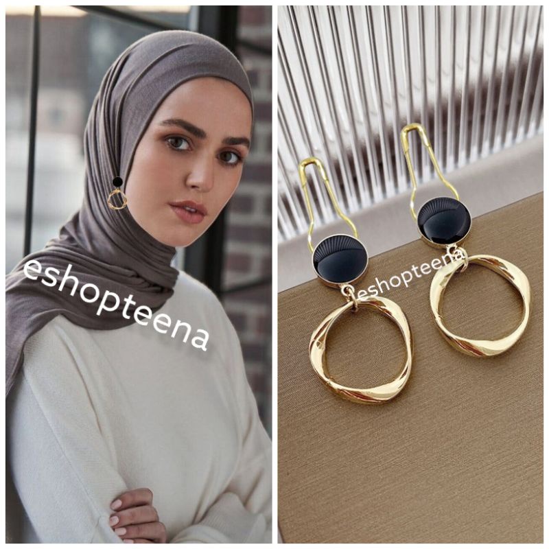 A121 anting hijab juntai bulat lingkaran hitam gold_anting jilbab