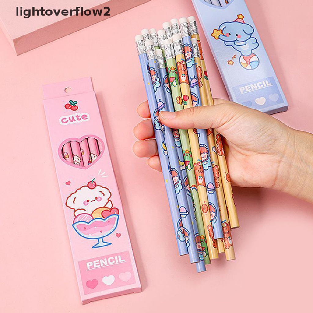 (lightoverflow2) 6pcs / Set Pensil HB Standar Motif Kartun Hewan + Penghapus Untuk Stationery Sekolah