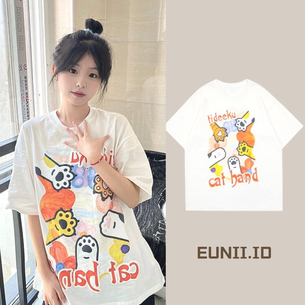 EUNII T-shirt Lengan Pendek imut cakar kucing Pencetakan Longgar Korean Style/Kaos Atasan Wanita/Baju Kaus Oversize Wanita