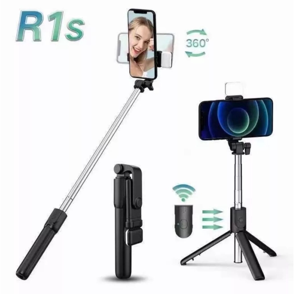 Tongsis Selfie stick R1S LED 3in1 Plus Remote Control Bluetooth Tripod-Tripod Tongsis Wireless R1-S LED With Standing Wireless Nirkabel Monopod Support Ios Android Dudukan GoPro