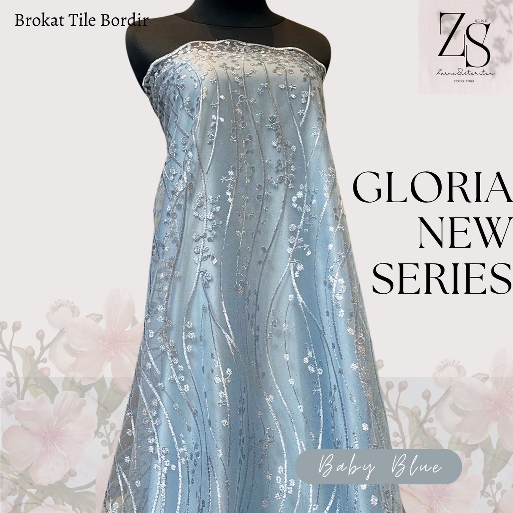 Bahan Kain Brokat Brukat Tile Tille Bordir Premium Gloria Luxury Warna Biru Muda Baby Icy Blue