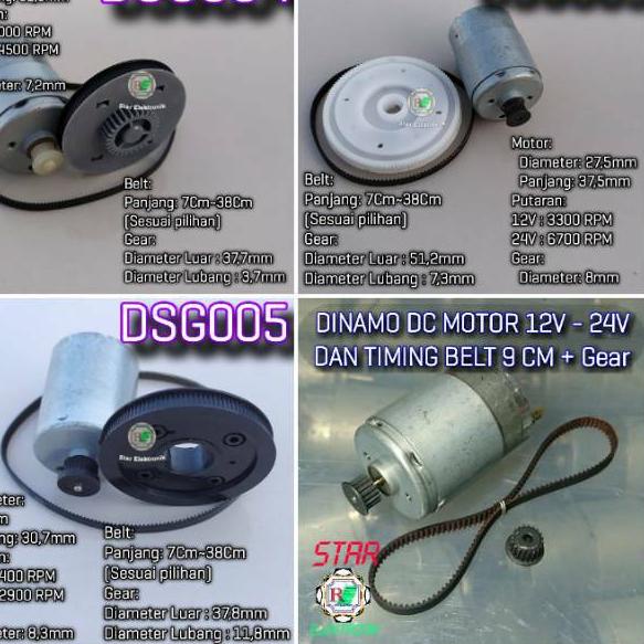 Booming Paket GB001B9 DINAMO DC MOTOR 12V - 24V DAN TIMING BELT 9 CM atau 36~37,5cm GENERATOR MINI
