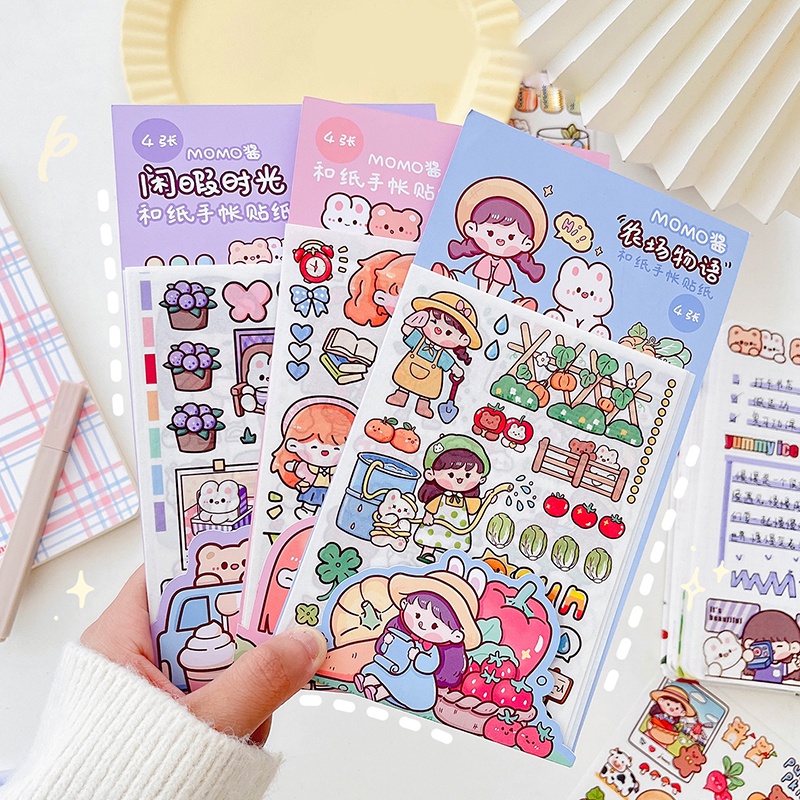 4 Lembar Stiker Kertas / Selotip Washi Gambar Kartun Perempuan Lucu Untuk Dekorasi Scrapbook DIY