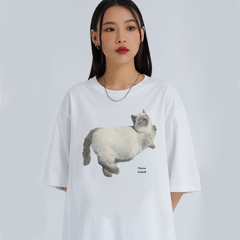 EUNII T-shirt Lengan Pendek Imut Kucing Pencetakan Longgar Korean Style/Kaos Atasan Wanita/Baju Kaus Oversize Wanita