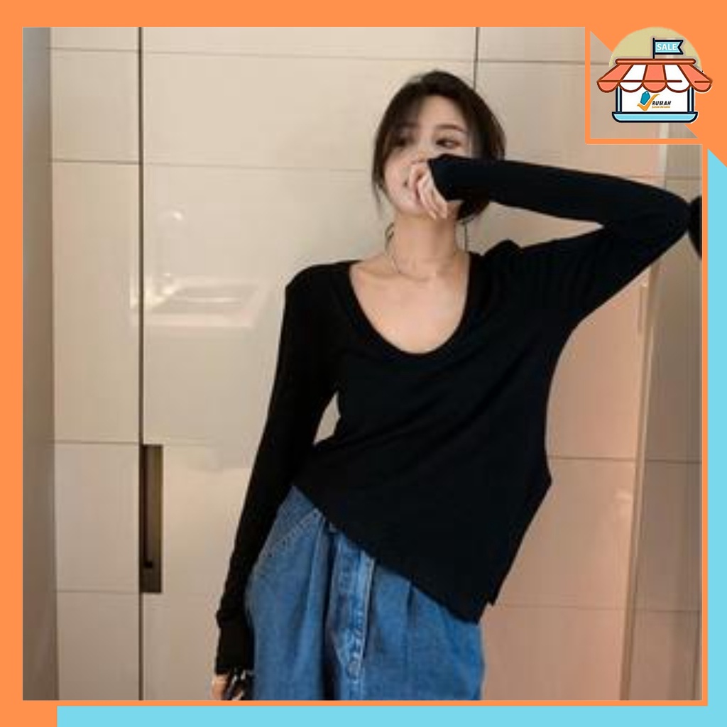 RSB BJ283 Baju Wanita Korean Basic Crop Top U-Neck Atasan Wanita Lengan Panjang (M-XXL)