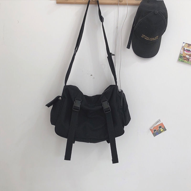 ✲✥☼sera Harajuku Jepang Dark Fan Energi Perkakas Tas Kanvas Wanita Korea All-Match Warna Solid Siswa Tas Messenger Satu Bahu