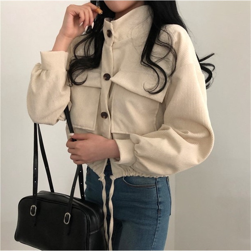 [3 color]Korean Style Jaket Korduroi Wanita Vintage Oversize Lengan Panjang Warna Solid Atasan Kekinian Corduroy Crop Kasual Jaket