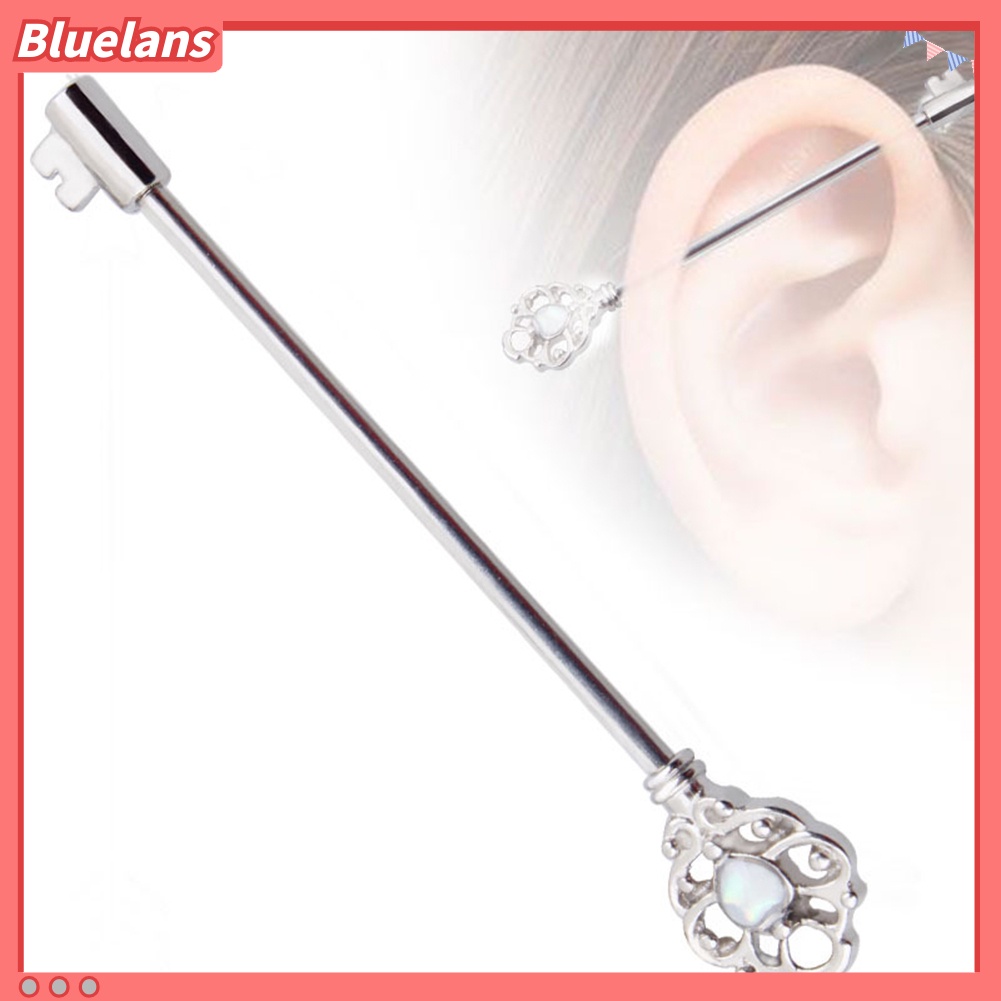 Bluelans Hollow Key Industrial Barbell Earring Stainless Steel Cartilage Piercing Jewelry