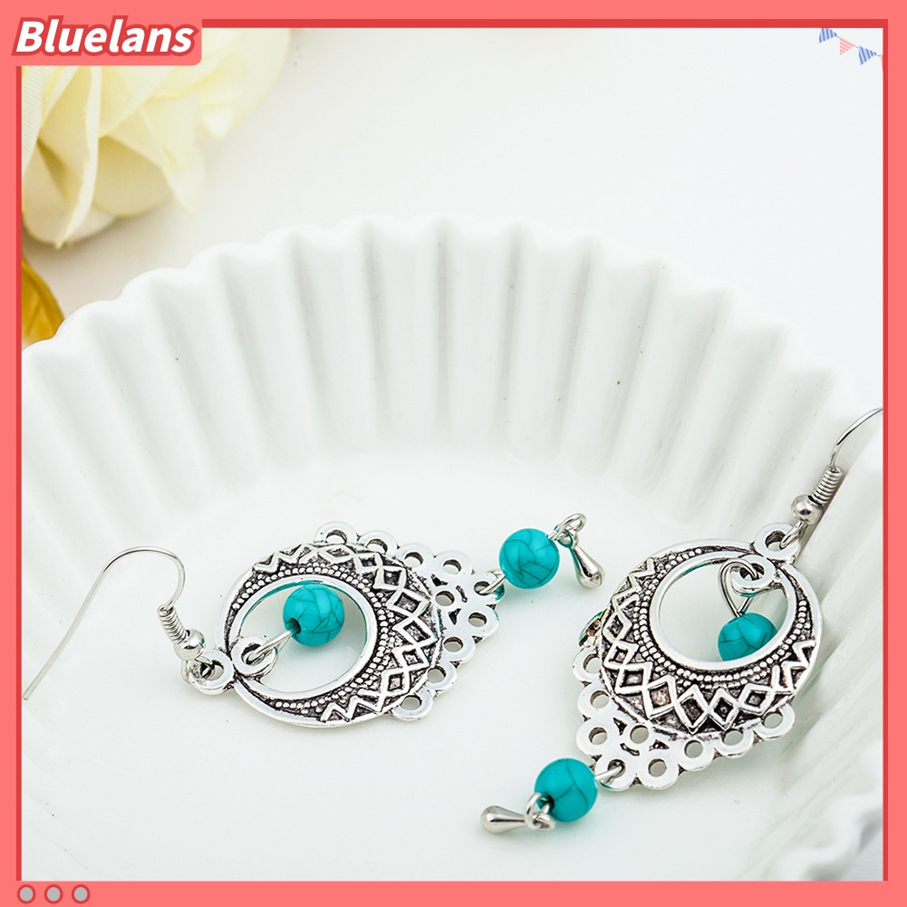 Bluelans Boho Women Turquoise Bead Dangle Hollow Charm Hook Earrings Wedding Jewelry