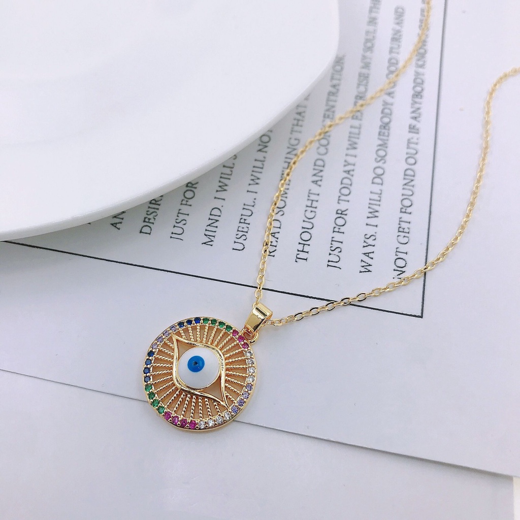 Kalung Rantai Lapis Emas Bentuk Mata Iblis Bulat Geometris Aksen Zirkon Warna-Warni Untuk Sweater