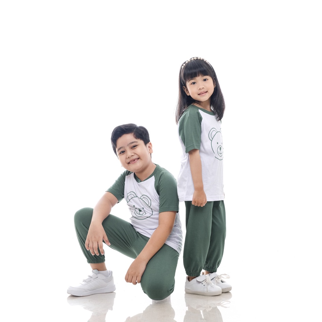 Setelan Kaos Playset Anak Setelan Joger Couple Baju Tidur Piyama Anak Raglan Unisex Celana Panjang Hijau Bear