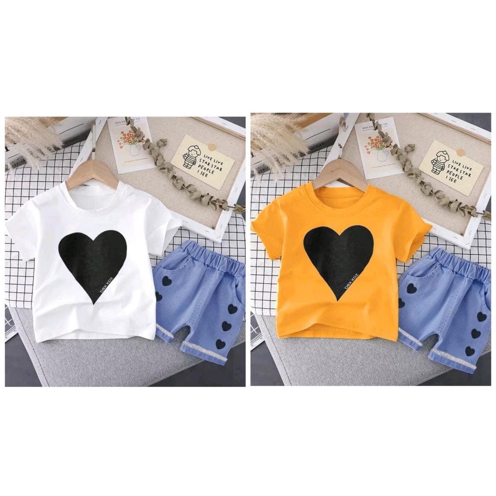 setelan kaos dan celana jeans pendek anak perempuan 1-5tahun /setelan love denim terbaru harga grosir/ootd anak /outfid anak