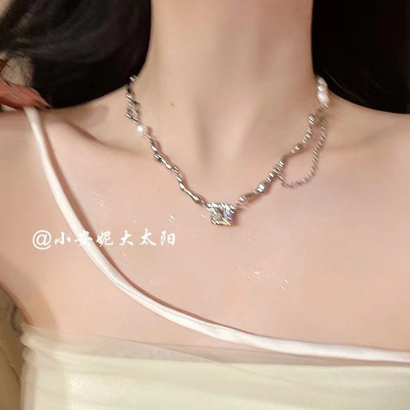 IFYOU Kalung Rantai Choker Liontin Mutiara Zircon Warna Silver Gaya Vintage Untuk Wanita