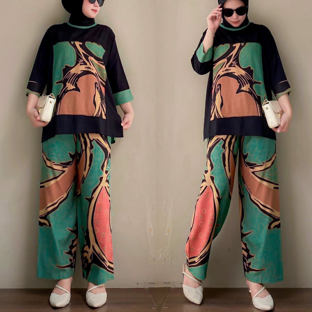 SETELAN RAYON SEMI JUMBO TRIKA ONE  SET ABSTRAK LD 112 CM PIYAMA WANITA