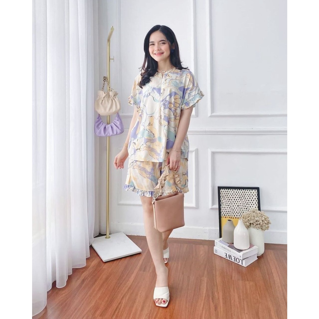 MINI SET Setelan Wanita Rufle Baju Tidur Rayon Kekinian AGGCLOTH