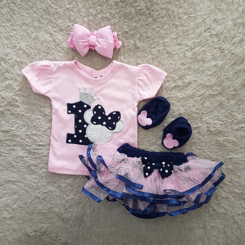 baju bayi minnie ribbon polkadot set