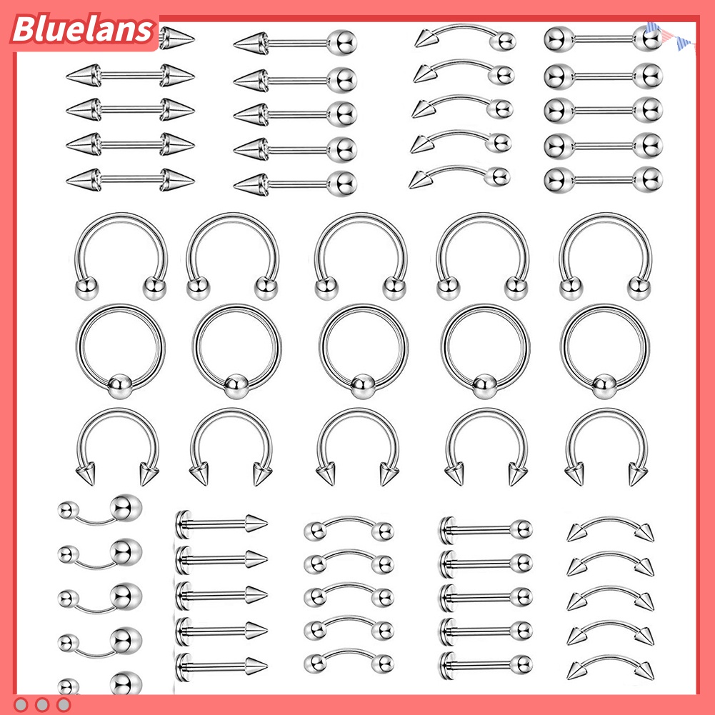 60pcs / Set Cincin Tindik Bibir Alis Kuku Hidung Bahan Stainless Steel Untuk Unisex