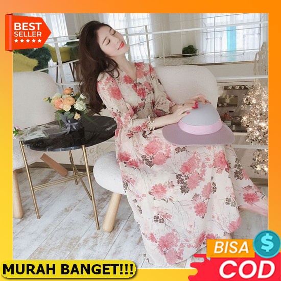 Gaun Sifon Tanpa Lengan/Gaun Panjang Pantai/Dress Korea/Dress Wanita/Midi Dress/Korean Dress [Greta]Dress Gamis Motif Bunga Sifon Korean Style Hijab Lengan Panjang Import