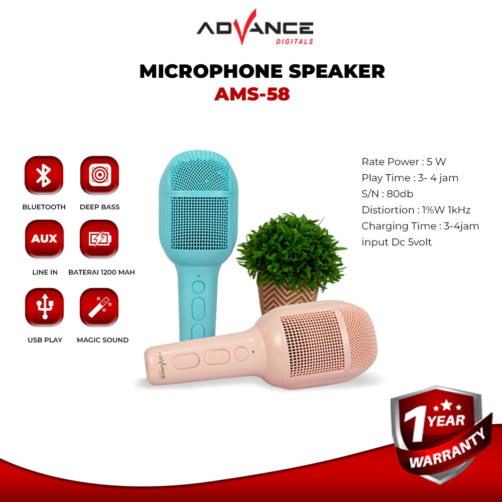 	 Advance AMS-58 Microphone Speaker Bluetooth Pengubah Suara Portable Deep Bass Garansi 1 Tahun	