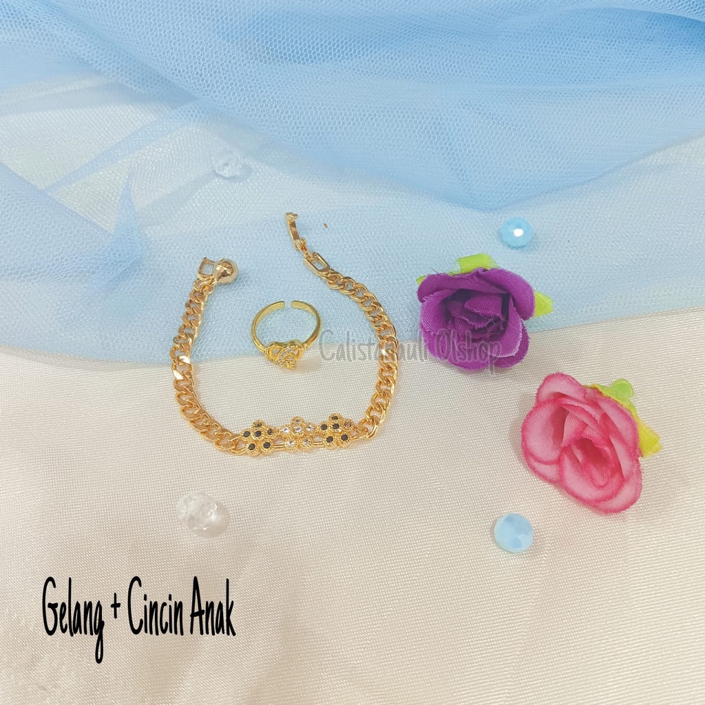 GELANG+CINCIN ANAK  GOLD PLAT ANAK MATA PERHIASAN EMAS KOREA ANTI KARAT DAN ANTI LUNTUR