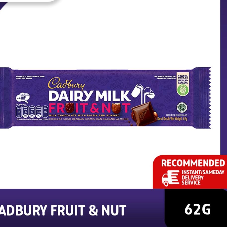 

ㅀX Cadbury Dairy Milk Chocolate Fruit & Nut Regular 62g Untuk Camilan NEW ARRIVAL 3895 ⌘