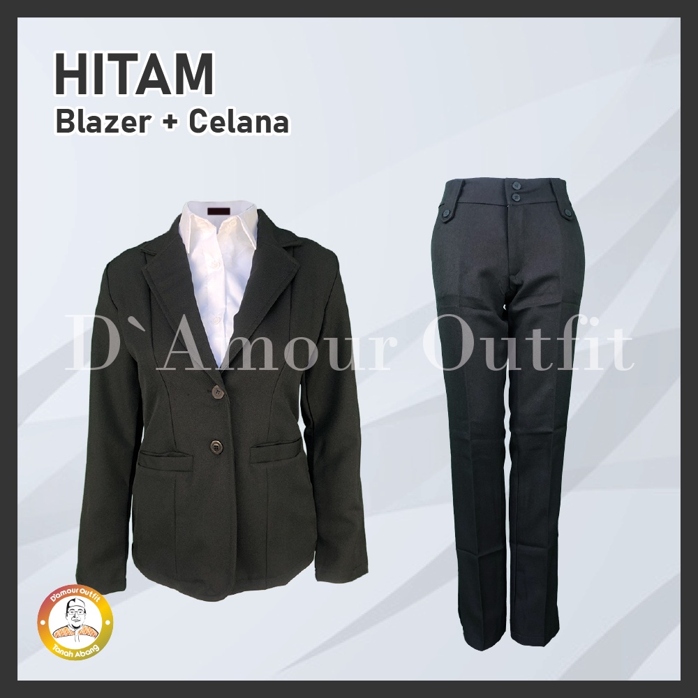 One Set Setelan Jas Blazer Celana Bahan Panjang Pinggang Wanita Stelan Jas Kerja Kantor Cewe Polos Dewasa Anak Jaket Blezer Kancing 3 Cewek Pakaian Formal Kantoran Dasar Hitam Rok Karet Line A Rempel Span Jumbo Big Size Cardigan Kain Outer Perempuan Korea