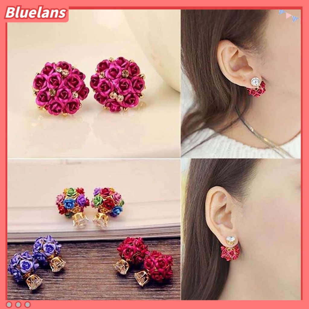 Bluelans Ear Studs Exquisite Rose Flower Ball Design Alloy Rhinestone Earrings