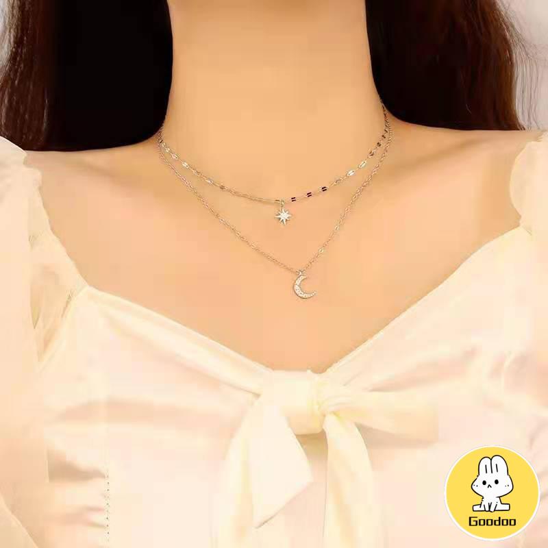 Kalung Rantai Double Layer Bentuk Bulan Bintang Untuk Wanita -Doo