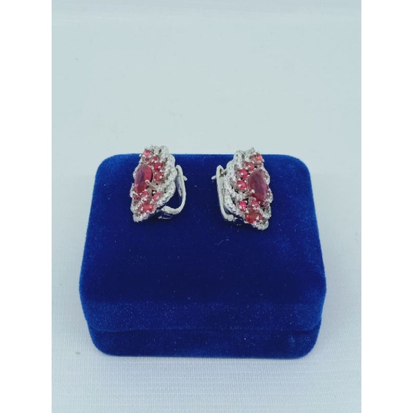 ANTING PERAK ASLI SILVER 925 LAPIS EMAS/ANTING JEPIT DAUN BATU MERAH+MATA PUTIH/ASLI SILVER/FASHION WANITA TERBARU