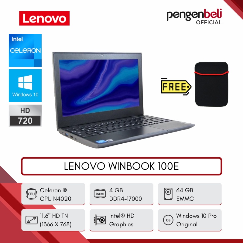 LAPTOP BARU 3JUTA-AN MURAH LENOVO WINBOOK 100E - WINDOWS 10 PRO - INTEL N4020 - 4GB RAM - 64GB EMMC