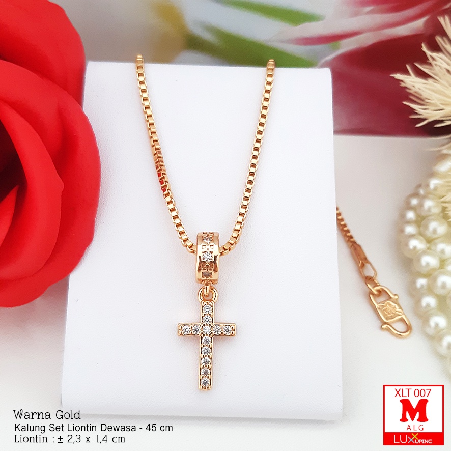 XLT 007  Kalung Set Liontin Salib Kristen Katolik Dengan Permata Sirkon Perhiasan Lapis Emas Imitasi 18K Aksesoris Rohani Salib Corpus Tubuh Yesus Rosario Kalung Xuping 45 cm Luxx Xuping