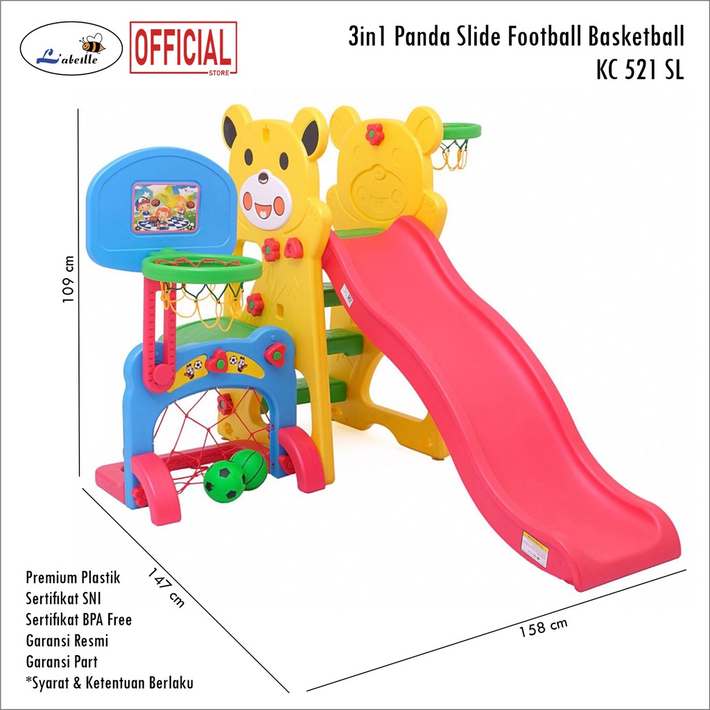 Makassar - Labeille KC 521 SL 3in1 Slide Panda Perosotan Anak + Gawang Anak + Ring Bola Basket Anak Labeile L'abeile L'abeille KC521SL Kado Perlengkapan Bayi Mainan Anak Seluncuran Playground Slide Football