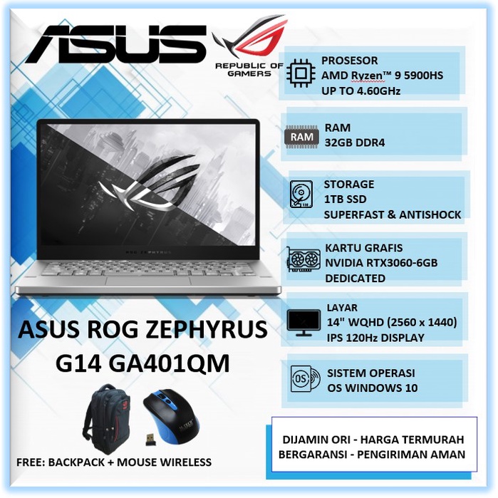 Laptop Gaming Asus ROG Zephyrus G14 AMD Ryzen 9 5900HS RAM 32GB SSD 1TB NVIDIA RTX3060 14" WQHD 120H