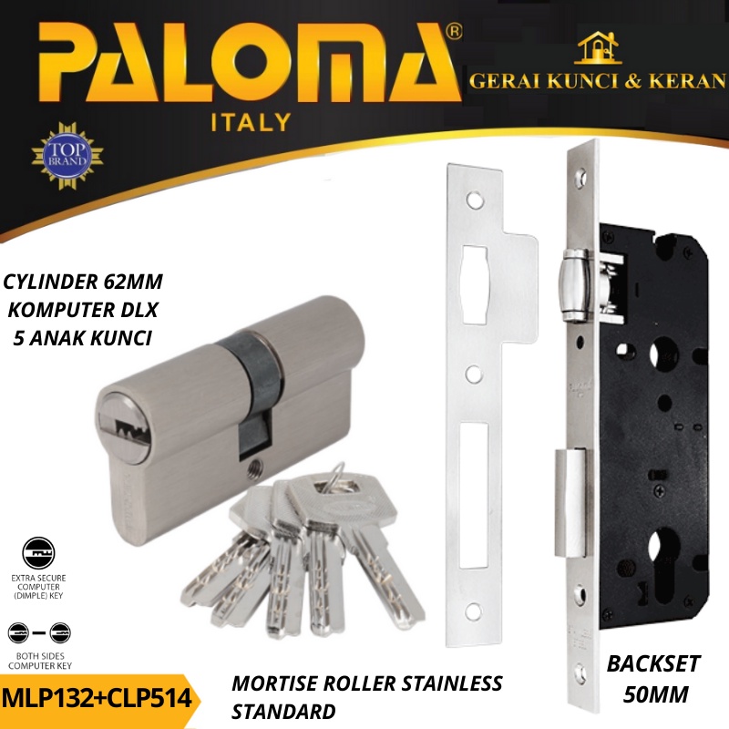 PALOMA MORTISE LOCK SET CYLINDER MLP 132 CLP 514 BODY KUNCI PELOR BACKSET 50MM CYLINDER 62MM KOMPUTER KEY