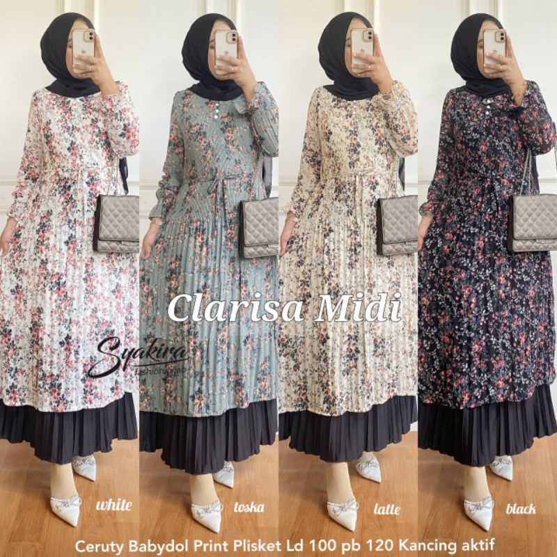 Clarisa Midi Original Berlabel Syakira Dress Ceruty Babydol Print Plisket Pakaian Wanita Muslim Fash