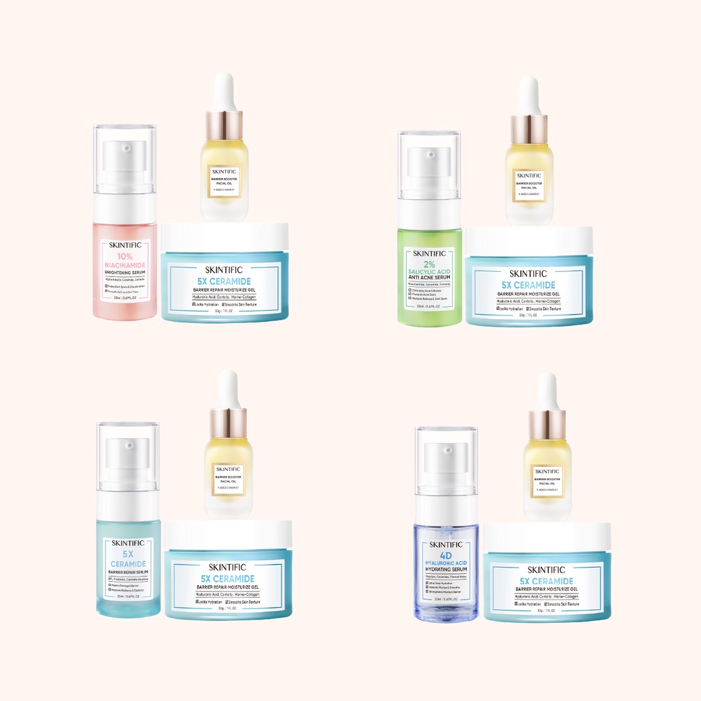 SKINTIFIC 3 pcs Sets | Double Radiance Set Moisturizer + Facial Oil + Niacinamide Serum/ Double Acne-free Set Moisturizer + Facial Oil + Acne Serum  / Double Barrier Repair Set Moisturizer + Facial Oil + Ceramide Serum/ Double Hydrating Set