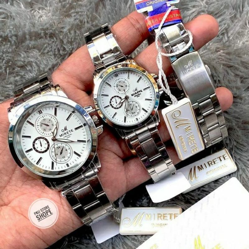 JAM MIRETE ORIGINAL COUPLE ANTI AIR RANTAI GARANSI ORIGINAL FASHION PRIA WANITA ELEGAN KUARSA JAM IMPORT TERBARU (Bisa Satuan) JAM tangan Cowok Anti AIR_JAM tangan Cewek Anti Air COUPLE/SEPASANG  JAM TANGAN MIRETE ORIGINAL STRAP RANTAI ANTI KARAT BAJA