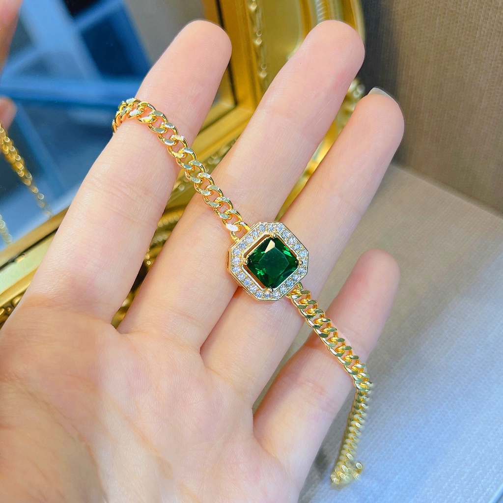 Goldkingdom Perhiasan Fashion Emas Asli Kadar 375 Bangkok Aksesoris Ready Stock Perhiasan Lapis Emas Emerald Square Diamond Chain Rantai Vintage Cuban Chain Bracelet