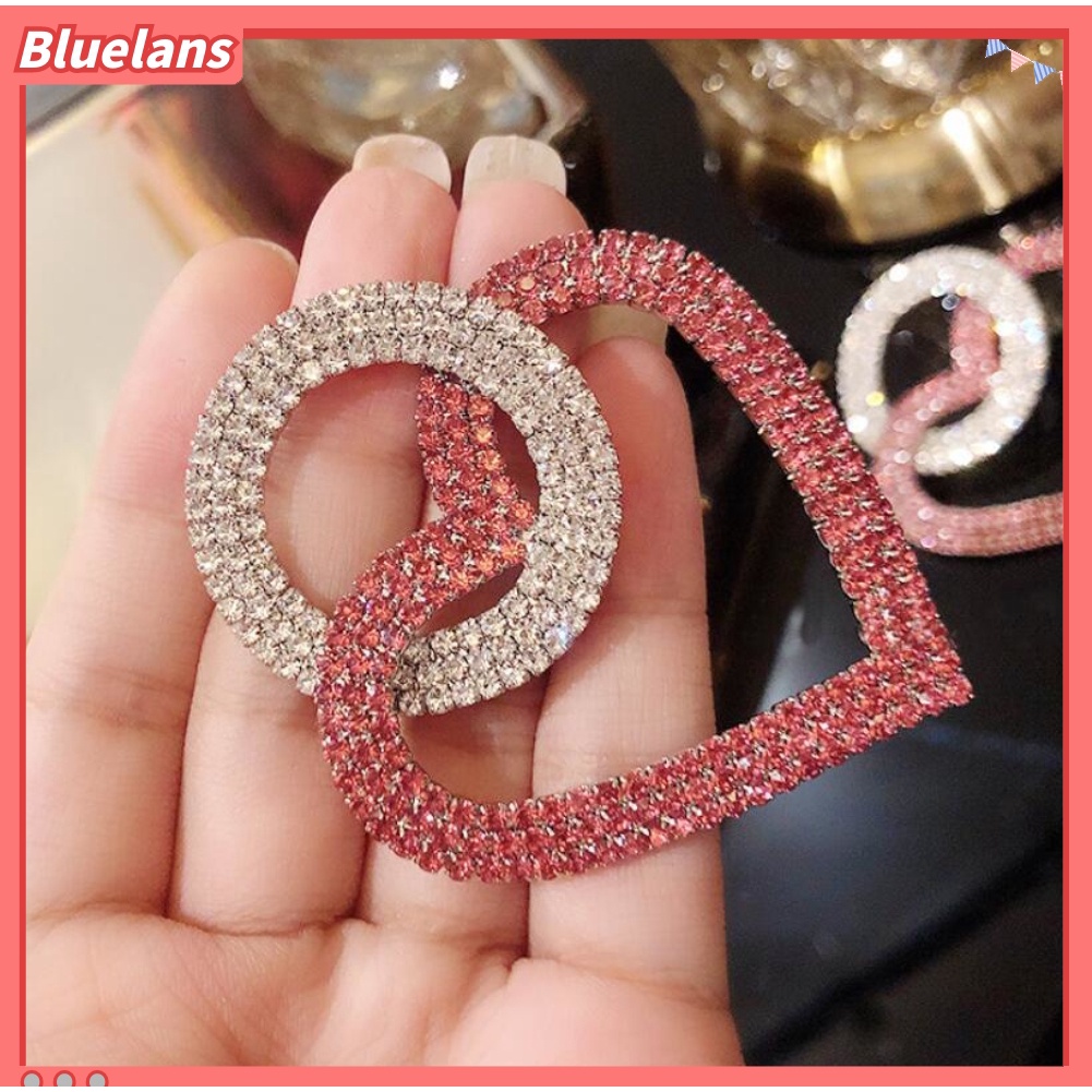 Anting Stud Berlian Imitasi Bentuk Hati Bulat Menjuntai Untuk Wanita